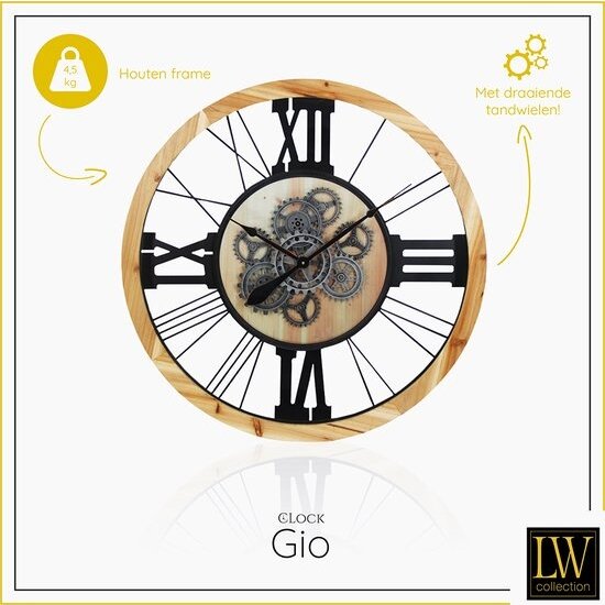 LW collection LW Collection wandklok met draaiende tandwielen bruin zwart 80cm met glasplaat - Radar wandklok - wandklok met bewegende wandwielen