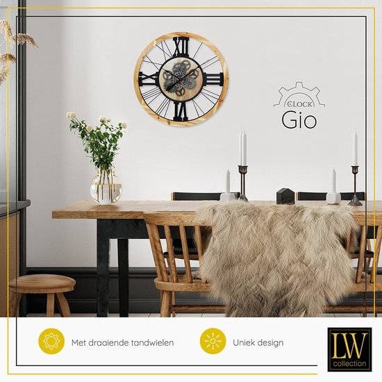 LW collection LW Collection wandklok met draaiende tandwielen bruin zwart 80cm met glasplaat - Radar wandklok - wandklok met bewegende wandwielen