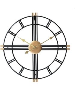LW Collection Wandklok Zwart goud 60cm - Grote wandklok William goud zwart - Industriële klok metaal rond - Wandklok industrieel