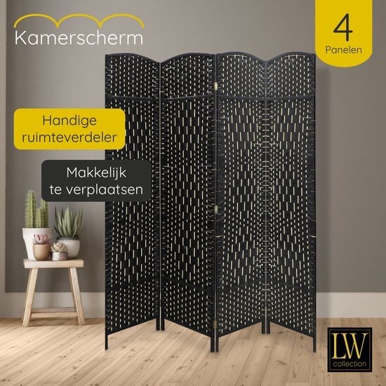 LW collection LW Collection Kamerscherm zwart - rotan / rieten kamerschermen 4 panelen - scheidingswand zwart 170x160cm - Zwarte kamerscherm kant en klaar