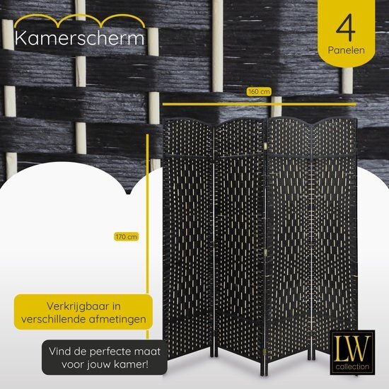 LW collection LW Collection Kamerscherm zwart - rotan / rieten kamerschermen 4 panelen - scheidingswand zwart 170x160cm - Zwarte kamerscherm kant en klaar