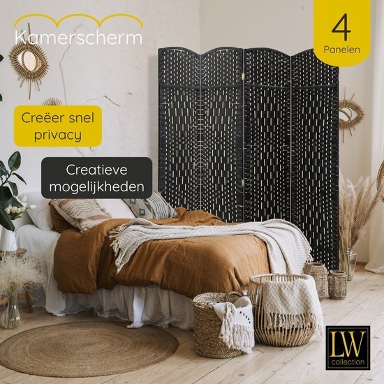 LW collection LW Collection Kamerscherm zwart - rotan / rieten kamerschermen 4 panelen - scheidingswand zwart 170x160cm - Zwarte kamerscherm kant en klaar