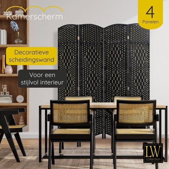 LW collection LW Collection Kamerscherm zwart - rotan / rieten kamerschermen 4 panelen - scheidingswand zwart 170x160cm - Zwarte kamerscherm kant en klaar
