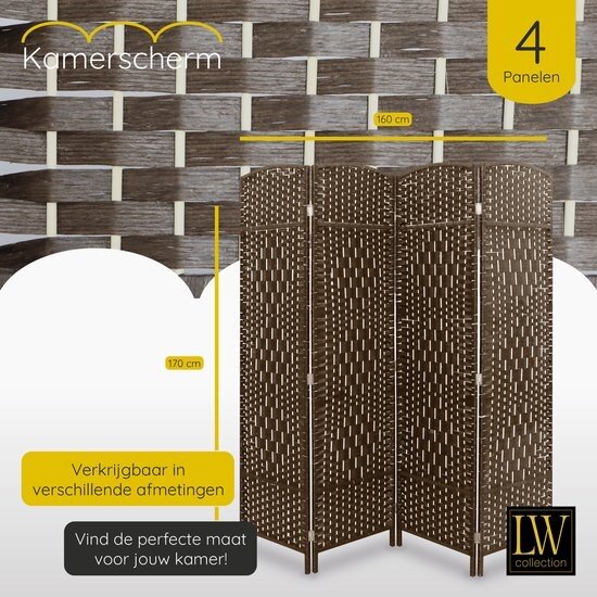 LW collection LW Collection Kamerscherm donkerbruin / rotan / rieten kamerschermen 4 panelen - scheidingswand bruin 170x160cm - paravent kant en klaar
