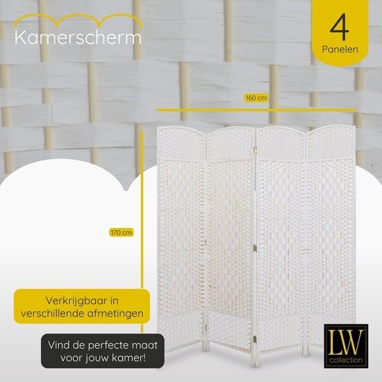 LW collection LW Collection Kamerscherm wit - rotan / rieten kamerschermen 4 panelen - scheidingswand 172x160cm - paravent kant en klaar