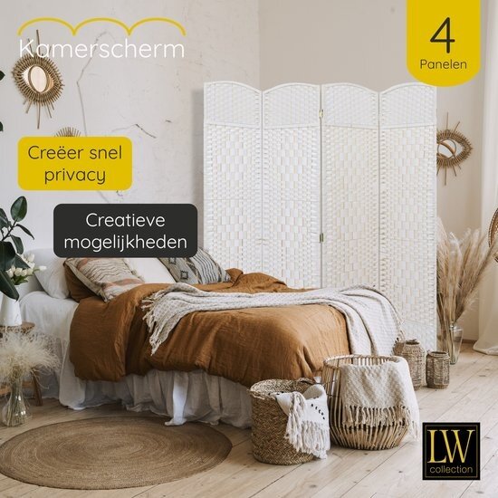 LW collection LW Collection Kamerscherm wit - rotan / rieten kamerschermen 4 panelen - scheidingswand 172x160cm - paravent kant en klaar
