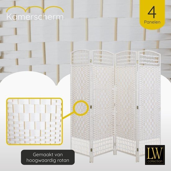 LW collection LW Collection Kamerscherm wit - rotan / rieten 4 panelen - scheidingswand wit 170x160cm - paravent kant en klaar