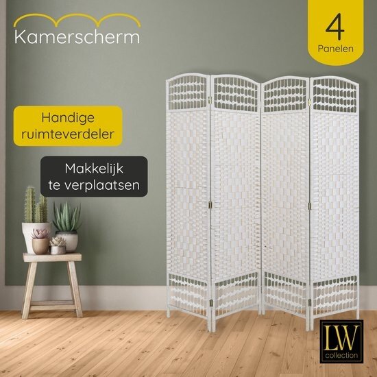 LW collection LW Collection Kamerscherm wit - rotan / rieten 4 panelen - scheidingswand wit 170x160cm - paravent kant en klaar