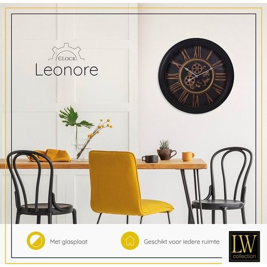 LW collection LW Collection wandklok met draaiende tandwielen 52cm - Zwarte Radar klok met glasplaat - wandklok met bewegende wandwielen