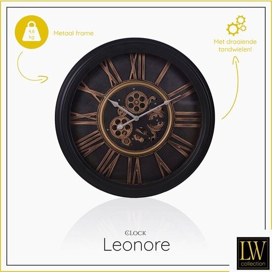 LW collection LW Collection wandklok met draaiende tandwielen 52cm - Zwarte Radar klok met glasplaat - wandklok met bewegende wandwielen