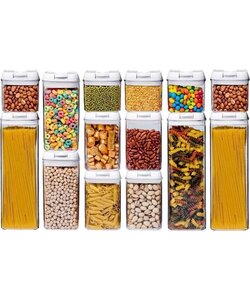 LW Collection voorraadpotten set van 14 met pen en stickers witte deksel - Voorraadpotjes luchtdicht - voorraadbussen - snoep pot - organize potten - opbergpotten - keukenpotten - food container - luxe - complete set 14 stuks