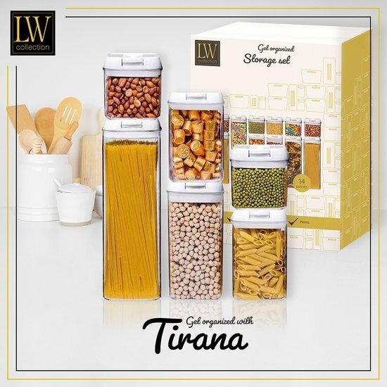 LW collection LW Collection voorraadpotten set van 14 met pen en stickers witte deksel - Voorraadpotjes luchtdicht - voorraadbussen - snoep pot - organize potten - opbergpotten - keukenpotten - food container - luxe - complete set 14 stuks