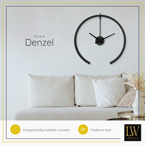 LW collection LW Collection Moderne zwarte wandklok Denzel 82cm - Grote industriële muurklok zwart stil uurwerk - Minimalistische zwarte ronde moderne klok