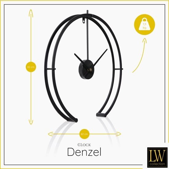LW collection LW Collection Moderne zwarte wandklok Denzel 82cm - Grote industriële muurklok zwart stil uurwerk - Minimalistische zwarte ronde moderne klok
