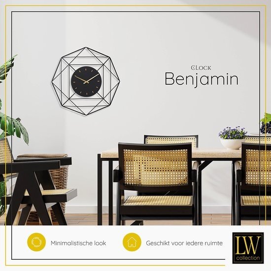 LW collection LW Collection wandklok Benjamin zwart 80cm - Industriële klok metaal stil uurwerk - Grote moderne zwarte wandklok - Industrieel