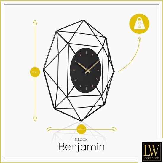 LW collection LW Collection wandklok Benjamin zwart 80cm - Industriële klok metaal stil uurwerk - Grote moderne zwarte wandklok - Industrieel