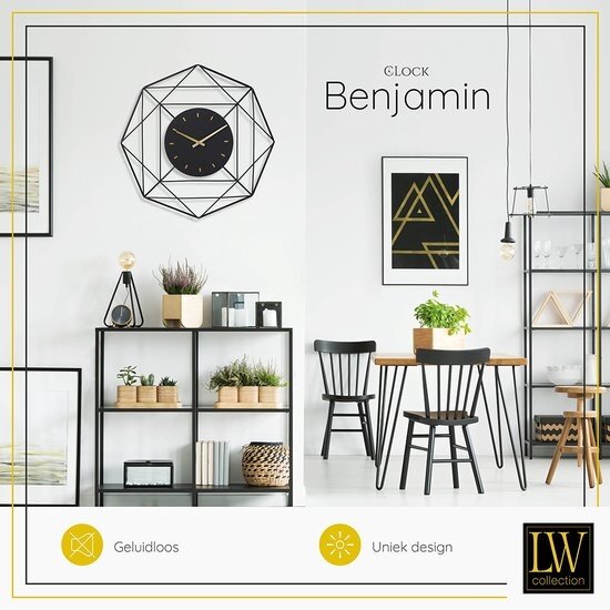 LW collection LW Collection wandklok Benjamin zwart 80cm - Industriële klok metaal stil uurwerk - Grote moderne zwarte wandklok - Industrieel