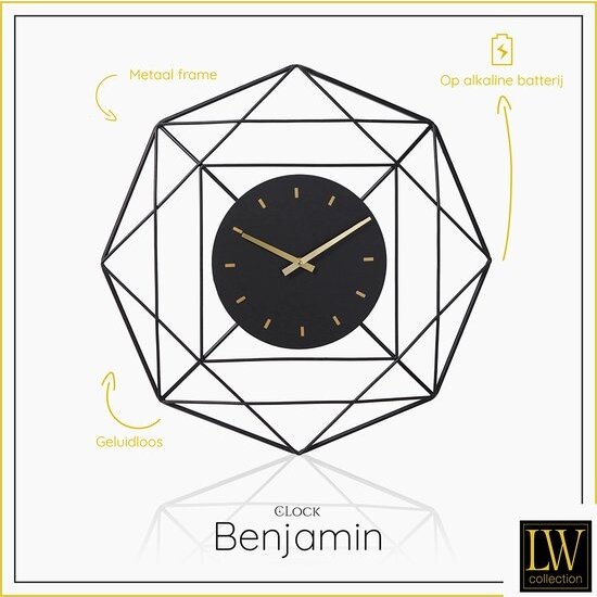LW collection LW Collection wandklok Benjamin zwart 80cm - Industriële klok metaal stil uurwerk - Grote moderne zwarte wandklok - Industrieel