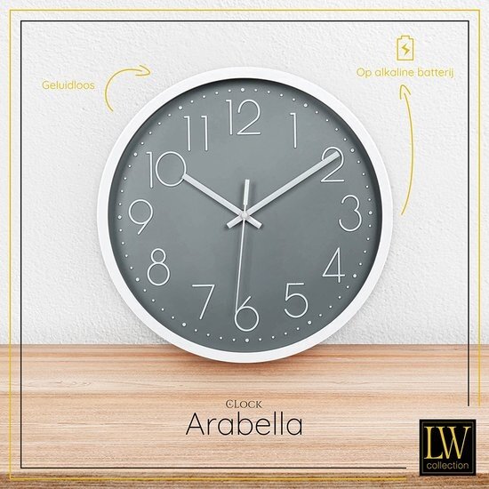 LW collection LW Collection witte klok grijze wijzerplaat - wandklok 30cm - muurklok - klok - keukenklok