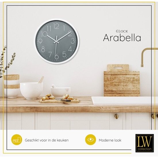 LW collection LW Collection witte klok grijze wijzerplaat - wandklok 30cm - muurklok - klok - keukenklok