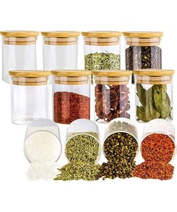 LW Collection 12 kruidenpotjes met bamboe deksel 200ml glas - Kruidenpotten - Kruidenpotjes met deksel