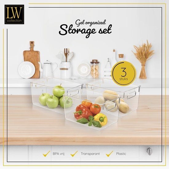 LW collection LW Collection Koelkast bakjes 3 stuks - Voorraadbakken koelkast opbergbak groenten - Koelkast organizer - stapelbaar - opbergbakken voor lades, badkamer en keuken - organiser