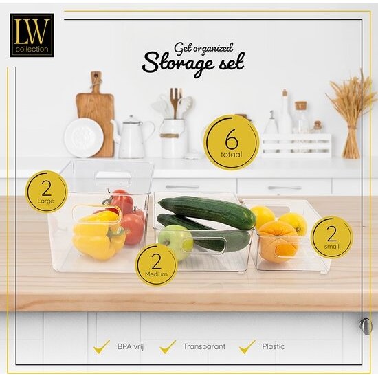 LW collection LW Collection Koelkast bakjes 6 stuks - Voorraadbakken koelkast - Koelkast organizer opbergbak groenten - stapelbaar - opbergbakken voor lades, badkamer en keuken - organiser