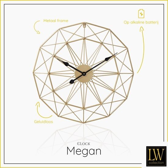 LW collection LW Collection Megan 80cm moderne wandklok goud met zwarte wijzers - Grote industriële muurklok metaal - Moderne wandklok stil uurwerk