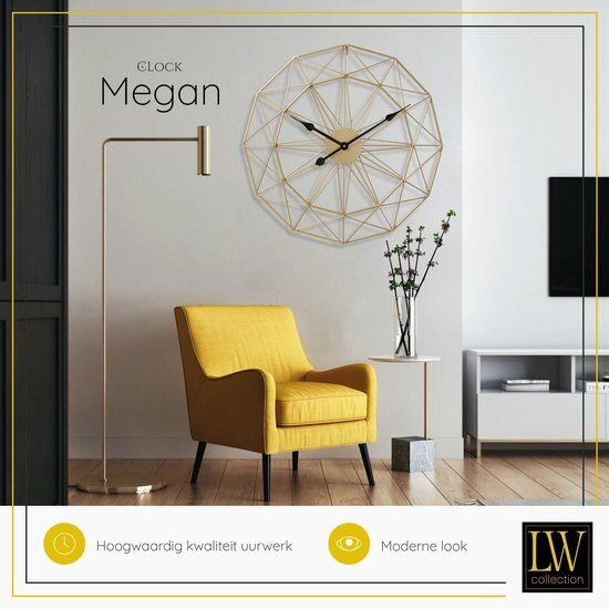 LW collection LW Collection Megan 80cm moderne wandklok goud met zwarte wijzers - Grote industriële muurklok metaal - Moderne wandklok stil uurwerk