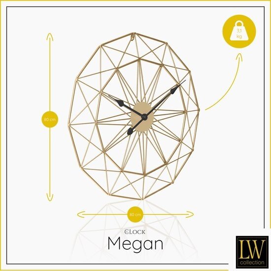 LW collection LW Collection Megan 80cm moderne wandklok goud met zwarte wijzers - Grote industriële muurklok metaal - Moderne wandklok stil uurwerk