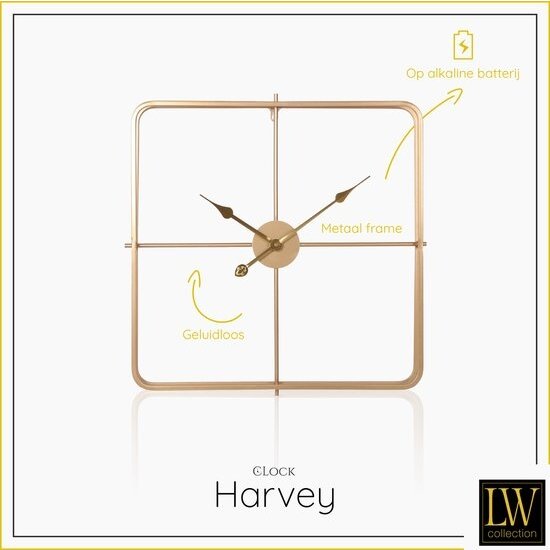 LW collection LW Collection Moderne gouden Klok 60cm - Grote industriële wandklok goud - minimalistische vierkante wandklok industrieel