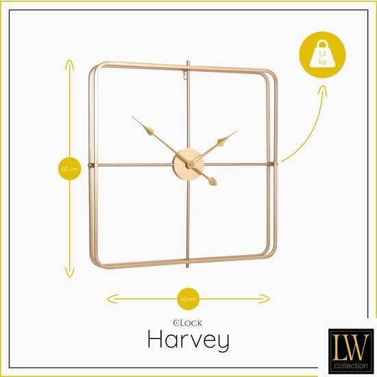 LW collection LW Collection Moderne gouden Klok 60cm - Grote industriële wandklok goud - minimalistische vierkante wandklok industrieel