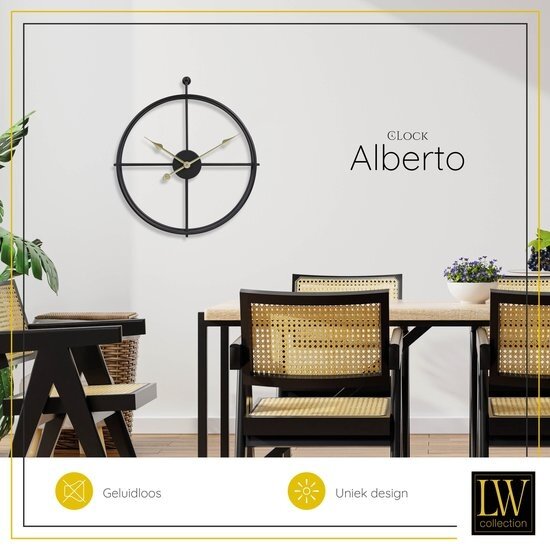 LW collection LW Collection moderne wandklok zwart met gouden wijzers 52cm - Grote industriële wandklok - minimalistische wandklok - wandklok industrieel