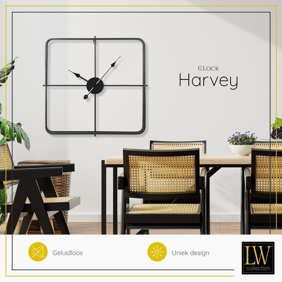 LW collection LW Collection Moderne zwarte Klok 80cm - Grote industriële wandklok - minimalistische vierkante wandklok industrieel