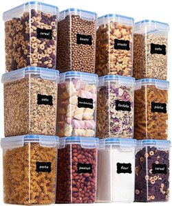 LW Collection voorraadpotten set van 12 met pen en stickers blauwe deksel - Voorraadpotjes luchtdicht - voorraadbussen - snoep pot - keuken potten - opbergpotten - keukenpotten - food container - luxe - complete set 12 stuks