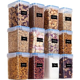 LW Collection voorraadpotten set van 12 met pen en stickers blauwe deksel - Voorraadpotjes luchtdicht - voorraadbussen - snoep pot - keuken potten - opbergpotten - keukenpotten - food container - luxe - complete set 12 stuks