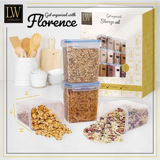 LW collection LW Collection voorraadpotten set van 12 met pen en stickers blauwe deksel - Voorraadpotjes luchtdicht - voorraadbussen - snoep pot - keuken potten - opbergpotten - keukenpotten - food container - luxe - complete set 12 stuks