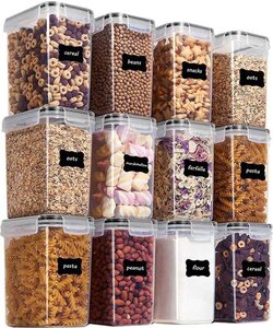 LW Collection voorraadpotten set van 12 met pen en stickers zwarte deksel - Voorraadpotjes luchtdicht - voorraadbussen - snoep pot - organize potten - keukenpotten - opbergpotten - voorraadbussen - food container - complete set van 12 stuks