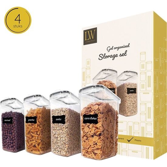 LW collection LW Collection voorraadpotten set van 4 met pen en stickers - Voorraadpotjes luchtdicht - voorraadbussen - snoep pot - organize potten - opbergpotten - keukenpotten - food container - luxe - complete set 4 stuks