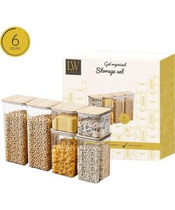 LW Collection voorraadpotten set van 6 met bamboe deksel - Voorraadpotjes luchtdicht - voorraadbussen - snoep pot - organize potten - opbergpotten - keukenpotten - food container - luxe - complete set 6 stuks