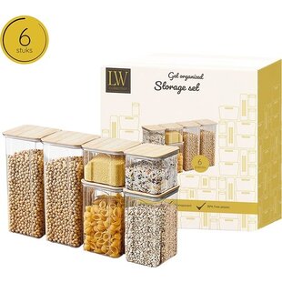 LW Collection voorraadpotten set van 6 met bamboe deksel - Voorraadpotjes luchtdicht - voorraadbussen - snoep pot - organize potten - opbergpotten - keukenpotten - food container - luxe - complete set 6 stuks