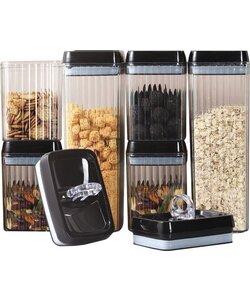 LW Collection voorraadpotten set van 6 met pen en stickers zwarte deksel - Voorraadpotjes luchtdicht - voorraadbussen - snoep pot - organize potten - keukenpotten - opbergpotten - voorraadbussen - food container - complete set 6 stuks