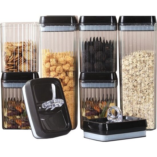 LW collection LW Collection voorraadpotten set van 6 met pen en stickers zwarte deksel - Voorraadpotjes luchtdicht - voorraadbussen - snoep pot - organize potten - keukenpotten - opbergpotten - voorraadbussen - food container - complete set 6 stuks