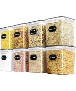 LW Collection voorraadpotten set van 8 met pen en stickers zwarte deksel - Voorraadpotjes luchtdicht - voorraadbussen - snoep pot - organize potten - opbergpotten - keukenpotten - food container - luxe - complete set 8 stuks