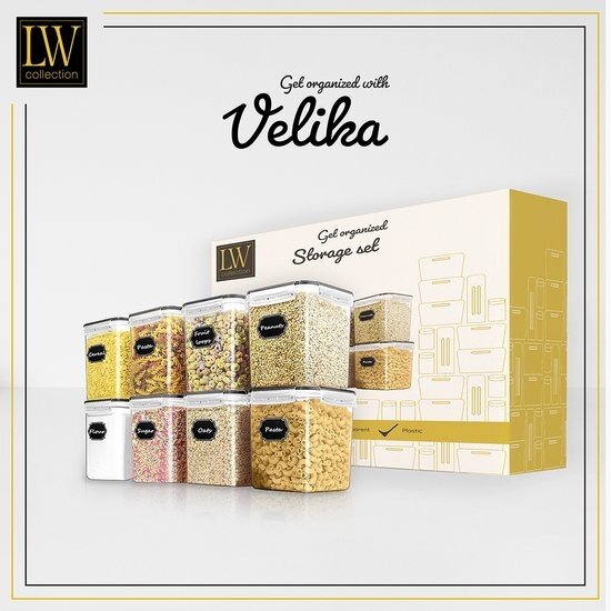 LW collection LW Collection voorraadpotten set van 8 met pen en stickers zwarte deksel - Voorraadpotjes luchtdicht - voorraadbussen - snoep pot - organize potten - opbergpotten - keukenpotten - food container - luxe - complete set 8 stuks