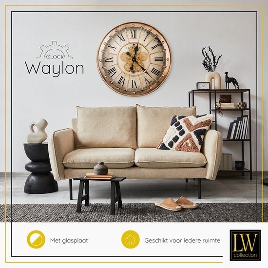 LW collection LW Collection wandklok met draaiende tandwielen bruin 60cm - Radar wandklok bruin - wandklok met bewegende wandwielen
