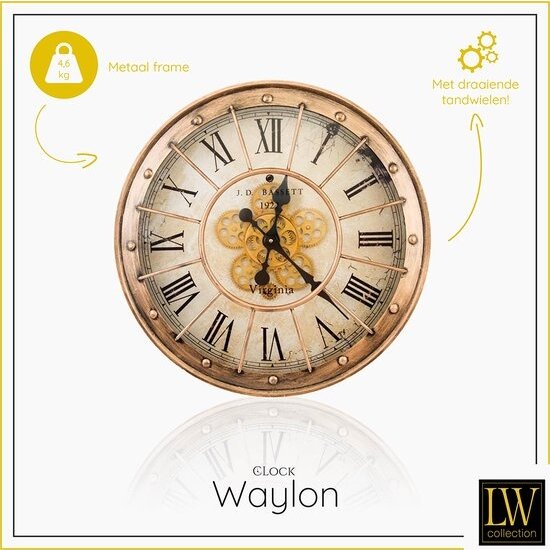 LW collection LW Collection wandklok met draaiende tandwielen bruin 60cm - Radar wandklok bruin - wandklok met bewegende wandwielen