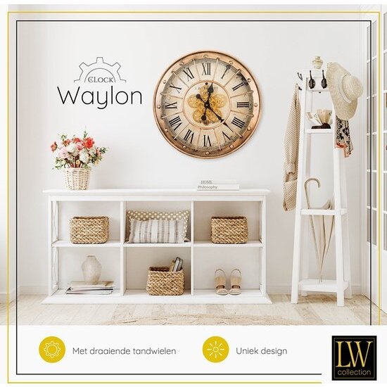 LW collection LW Collection wandklok met draaiende tandwielen bruin 60cm - Radar wandklok bruin - wandklok met bewegende wandwielen