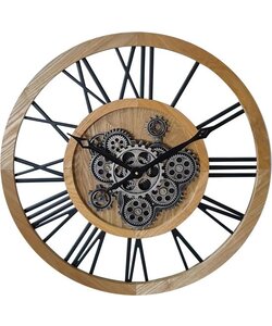 LW Collection wandklok met draaiende tandwielen bruin 60cm - Radar wandklok bruin - wandklok met bewegende wandwielen