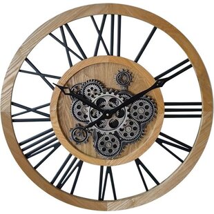 LW Collection wandklok met draaiende tandwielen bruin 60cm - Radar wandklok bruin - wandklok met bewegende wandwielen